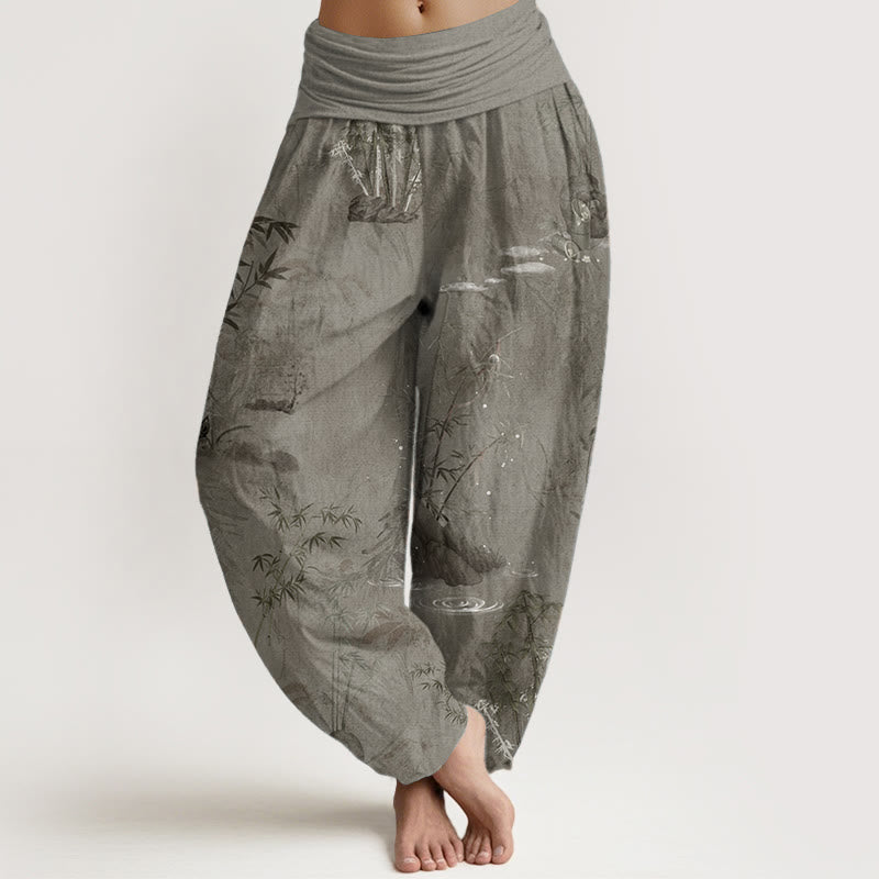 Buddha Stones Pure Cotton Casual Bamboo Rock Ink Painting Women's Elastic Waist Harem Pants - Tan - US22，UK/AU26，EU54 (6XL) - image 6
