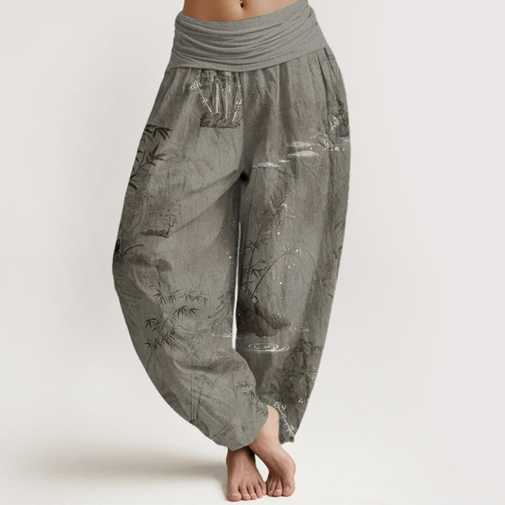 Buddha Stones Pure Cotton Casual Bamboo Rock Ink Painting Women's Elastic Waist Harem Pants - Tan - US22，UK/AU26，EU54 (6XL) - image 6