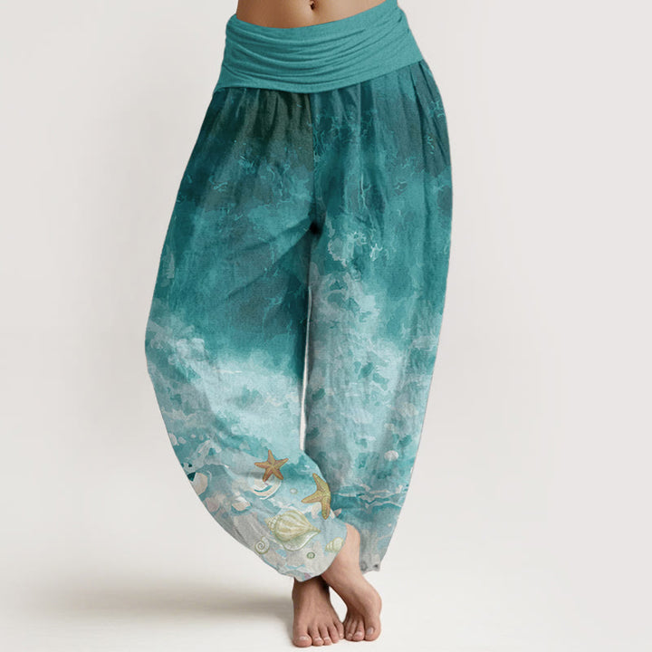 Buddha Stones Pure Cotton Vast Ocean Pattern Women's Elastic Waist Harem Pants - LightSeaGreen - US22，UK/AU26，EU54 (6XL) - image 0