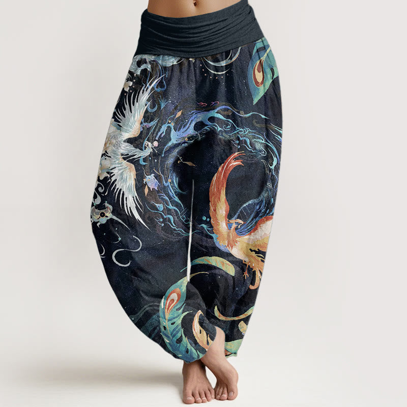 Buddha Stones Pure Cotton Phoenix Flower Pattern Women's Elastic Waist Harem Pants - Black - US22，UK/AU26，EU54 (6XL) - image 0
