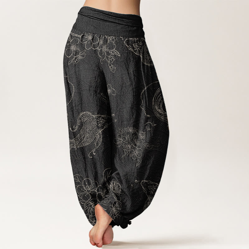 Buddha Stones Pure Cotton Koi Fish Floral Pattern Women's Elastic Waist Harem Pants - image 1