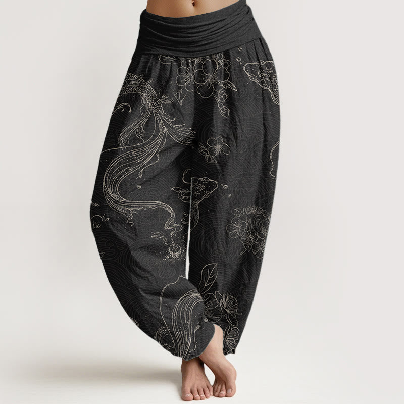 Buddha Stones Pure Cotton Koi Fish Floral Pattern Women's Elastic Waist Harem Pants - Black - US22，UK/AU26，EU54 (6XL) - image 0