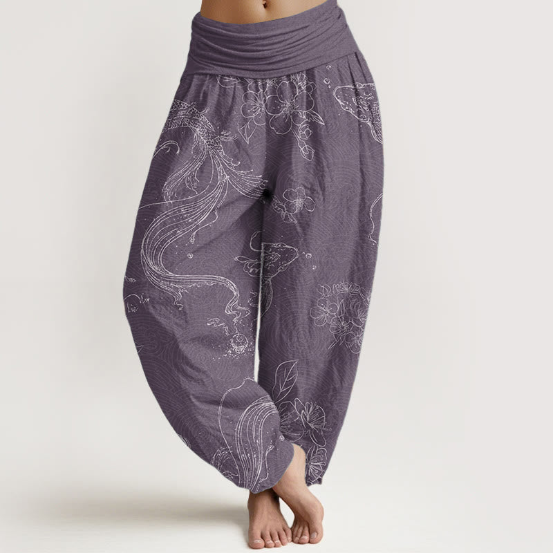 Buddha Stones Pure Cotton Koi Fish Floral Pattern Women's Elastic Waist Harem Pants - MediumPurple - US22，UK/AU26，EU54 (6XL) - image 5