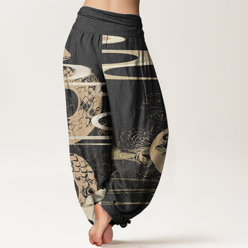 Buddha Stones Pure Cotton Auspicious Clouds With Snake Pattern Women's Elastic Waist Harem Pants - image 1