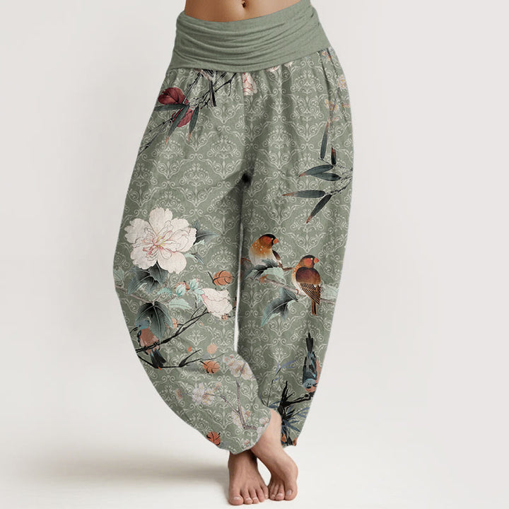 Buddha Stones Pure Cotton Warbler Bird Blooming Flower Branches Mandala Pattern Women's Elastic Waist Harem Pants - LightGreen - US22，UK/AU26，EU54 (6XL) - image 0