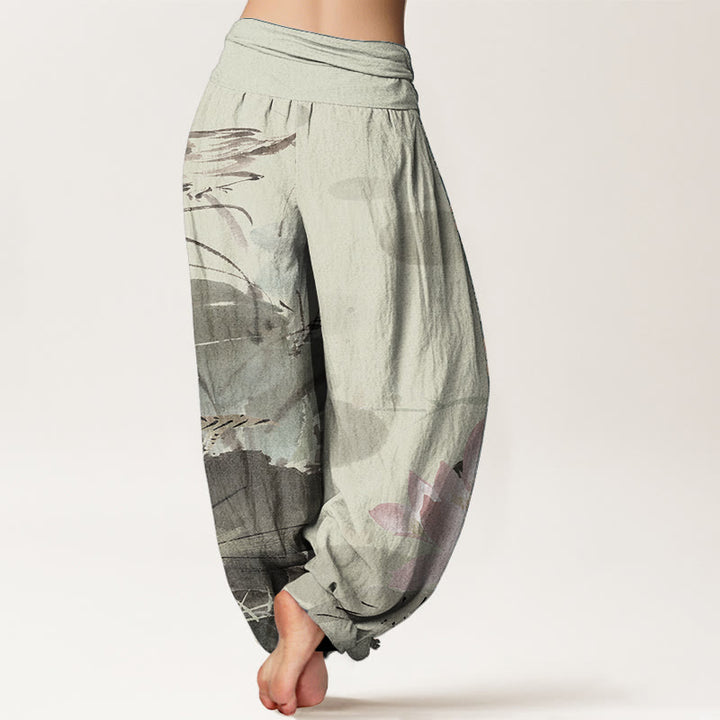 Buddha Stones Pure Cotton Pink Lotus Leaves Bird Pattern Women's Elastic Waist Harem Pants - image 1