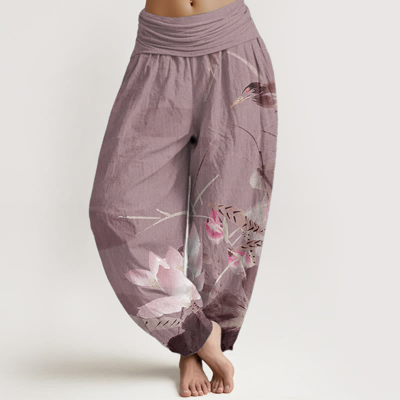 Buddha Stones Pure Cotton Pink Lotus Leaves Bird Pattern Women's Elastic Waist Harem Pants - PaleVioletRed - US22，UK/AU26，EU54 (6XL) - image 8