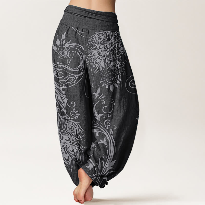 Buddha Stones Pure Cotton Casual Peacock Design Women's Elastic Waist Harem Pants - image 1