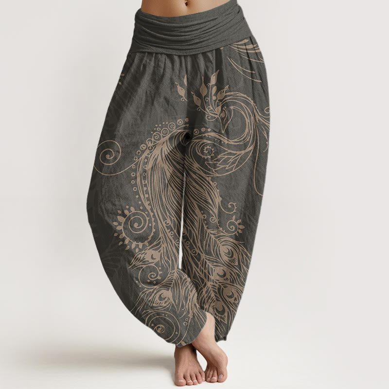 Buddha Stones Pure Cotton Casual Peacock Design Women's Elastic Waist Harem Pants - DimGray - US22，UK/AU26，EU54 (6XL) - image 8