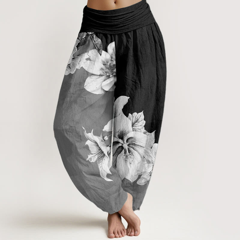 Buddha Stones Pure Cotton Camellia Pattern Women's Elastic Waist Harem Pants - Black - US22，UK/AU26，EU54 (6XL) - image 9