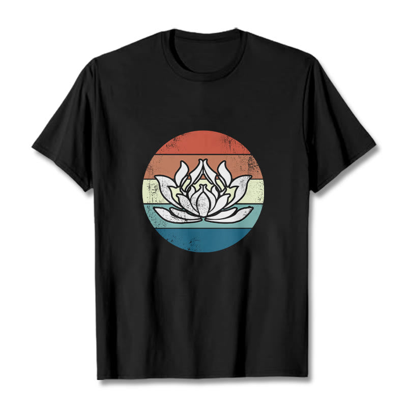 Buddha Stones Blooming Lotus Colorful Striped Pattern Cotton Tee T-shirt - Black - 2XL - image 0