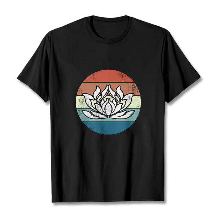 Buddha Stones Blooming Lotus Colorful Striped Pattern Cotton Tee T-shirt - Black - 2XL - image 0