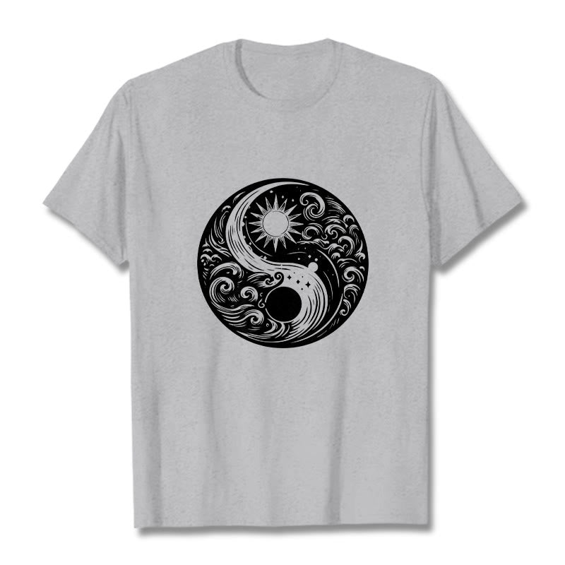 Buddha Stones Sun Moon Waves Yin Yang Pattern Cotton Tee T-shirt - LightGrey - 2XL - image 19