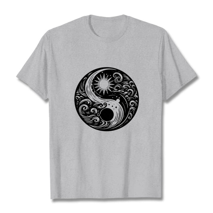 Buddha Stones Sun Moon Waves Yin Yang Pattern Cotton Tee T-shirt - LightGrey - 2XL - image 19