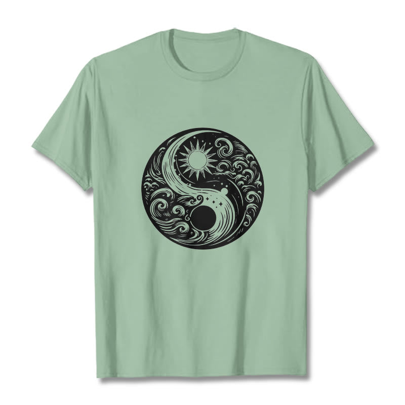 Buddha Stones Sun Moon Waves Yin Yang Pattern Cotton Tee T-shirt - PaleGreen - 2XL - image 14