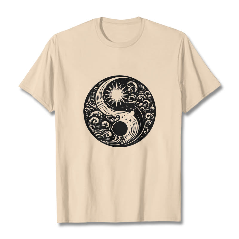 Buddha Stones Sun Moon Waves Yin Yang Pattern Cotton Tee T-shirt - Bisque - 2XL - image 8