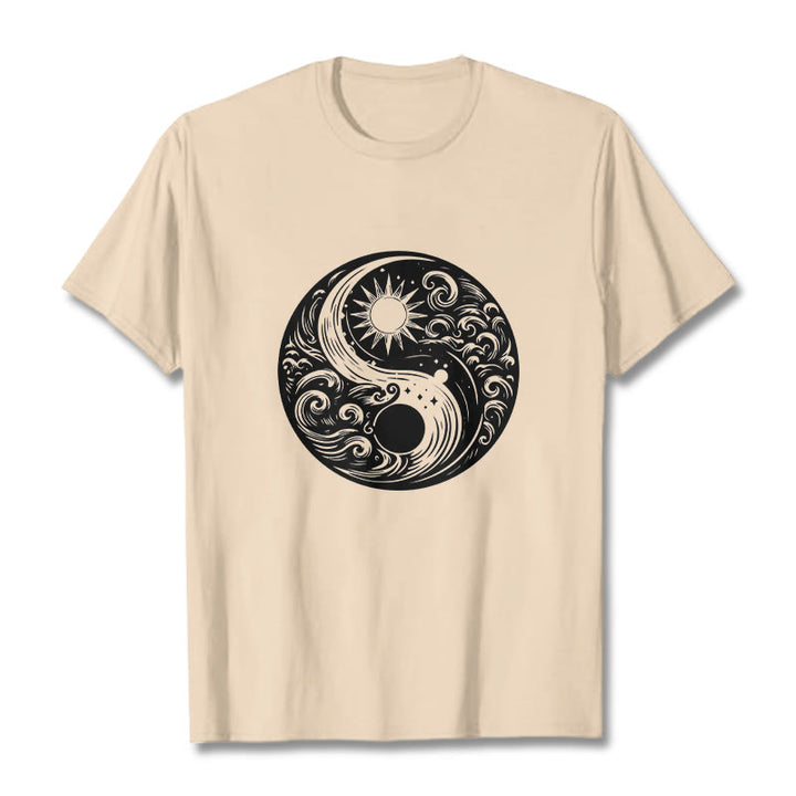 Buddha Stones Sun Moon Waves Yin Yang Pattern Cotton Tee T-shirt - Bisque - 2XL - image 8