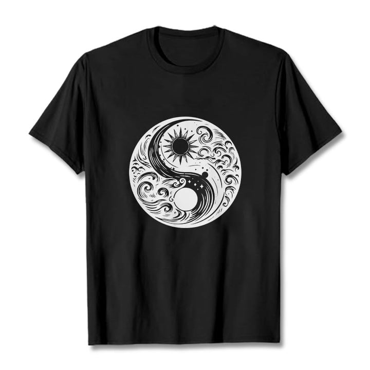 Buddha Stones Sun Moon Waves Yin Yang Pattern Cotton Tee T-shirt - Black - 2XL - image 4