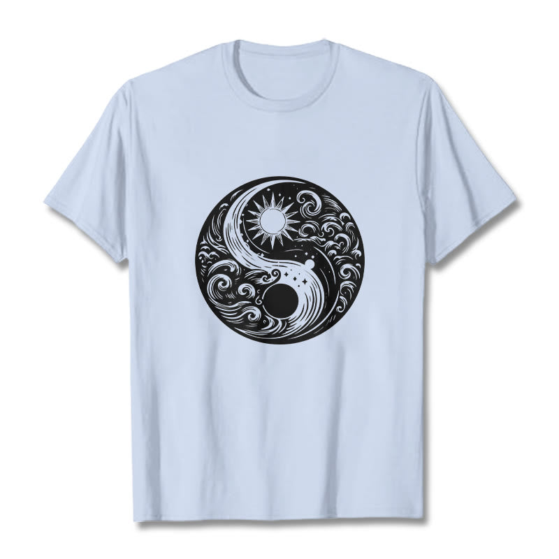 Buddha Stones Sun Moon Waves Yin Yang Pattern Cotton Tee T-shirt - LightCyan - 2XL - image 18