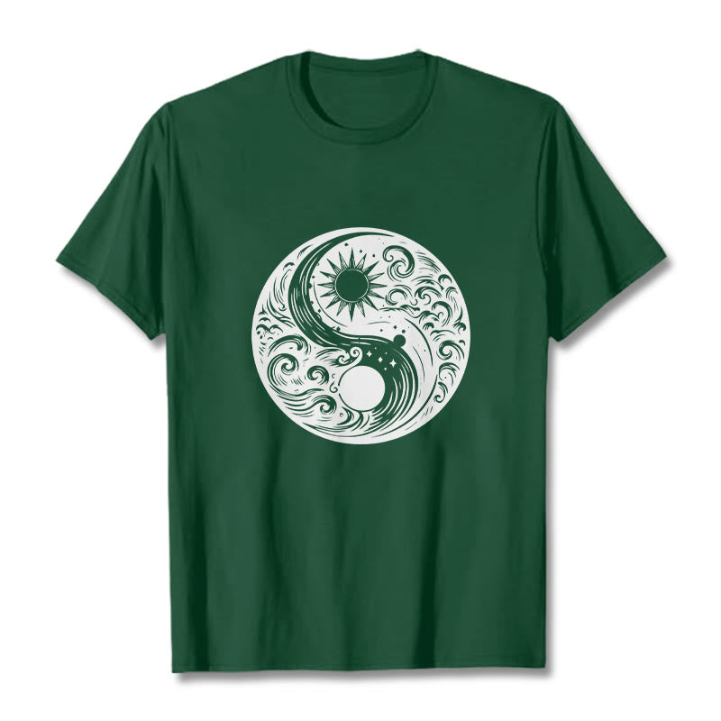 Buddha Stones Sun Moon Waves Yin Yang Pattern Cotton Tee T-shirt - ForestGreen - 2XL - image 10