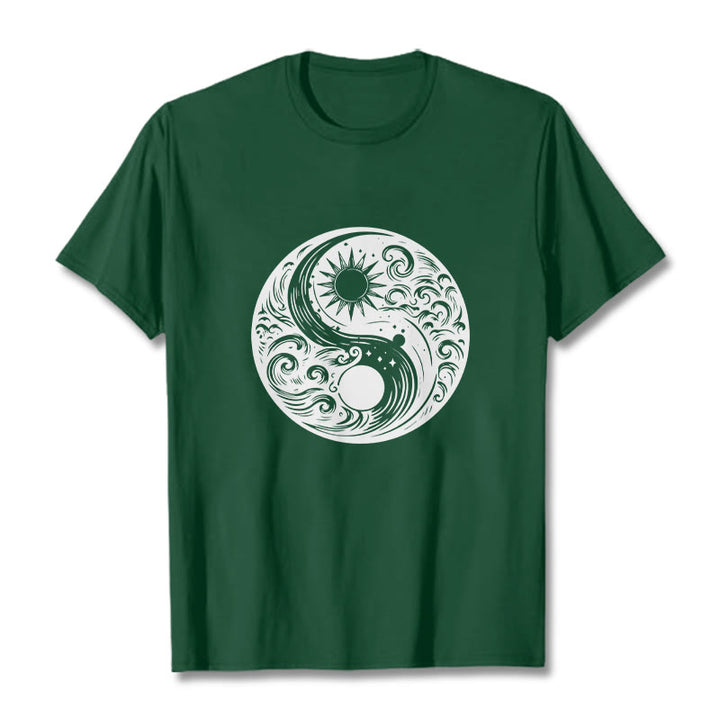 Buddha Stones Sun Moon Waves Yin Yang Pattern Cotton Tee T-shirt - ForestGreen - 2XL - image 10