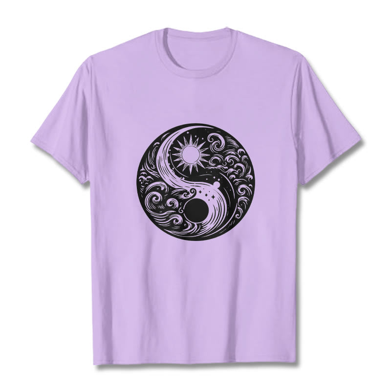 Buddha Stones Sun Moon Waves Yin Yang Pattern Cotton Tee T-shirt - Plum - 2XL - image 16
