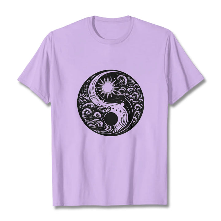 Buddha Stones Sun Moon Waves Yin Yang Pattern Cotton Tee T-shirt - Plum - 2XL - image 16