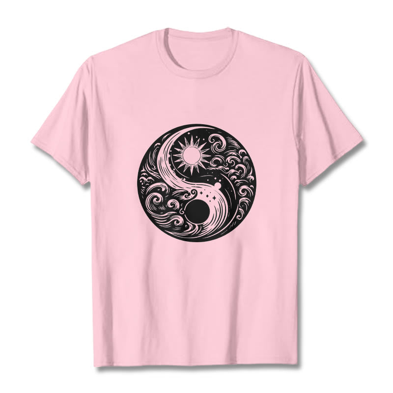 Buddha Stones Sun Moon Waves Yin Yang Pattern Cotton Tee T-shirt - LightPink - 2XL - image 12