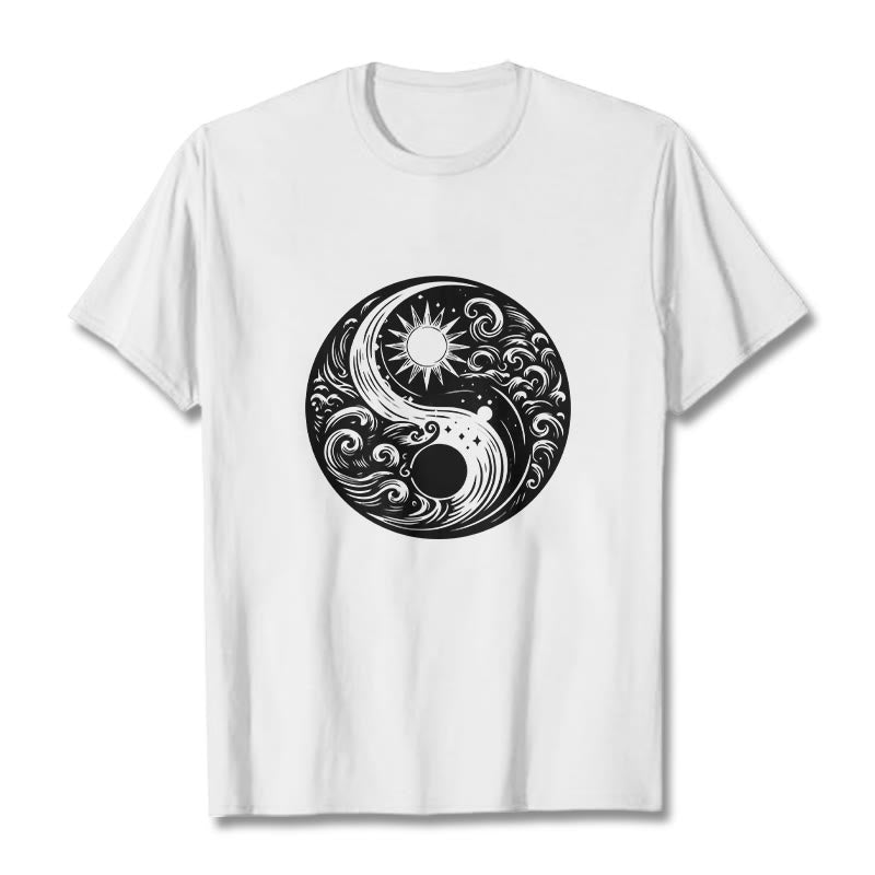 Buddha Stones Sun Moon Waves Yin Yang Pattern Cotton Tee T-shirt - White - 2XL - image 0