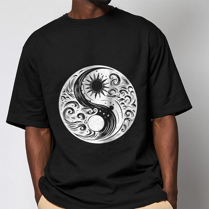 Buddha Stones Sun Moon Waves Yin Yang Pattern Cotton Tee T-shirt - image 5