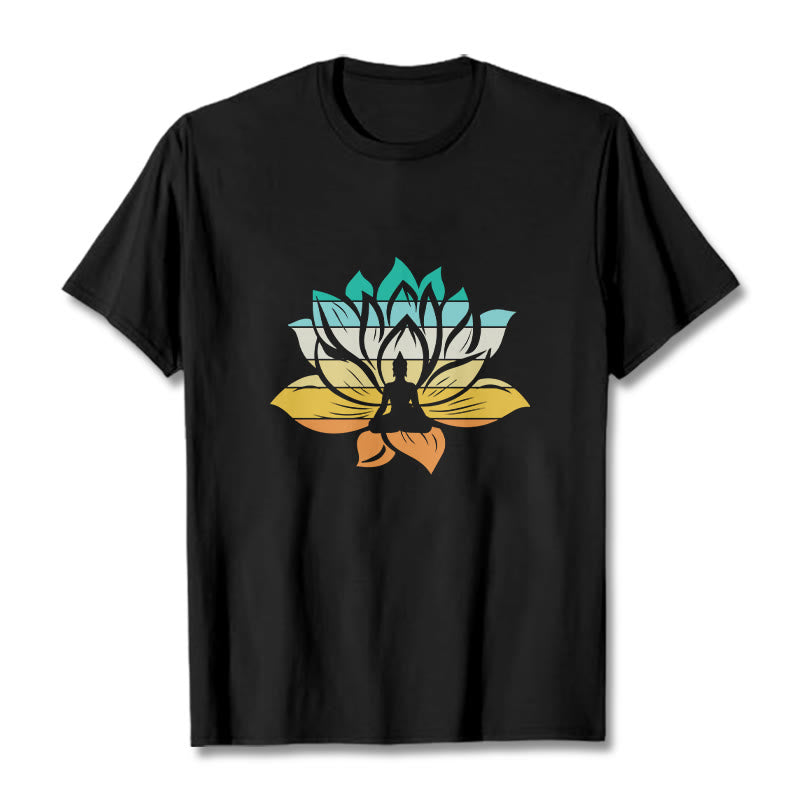 Buddha Stones Gradient-colored Lotus Flower Buddha Meditation Cotton Tee T-shirt - Black - 2XL - image 0