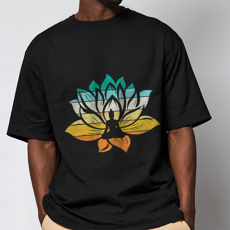Buddha Stones Gradient-colored Lotus Flower Buddha Meditation Cotton Tee T-shirt - image 1