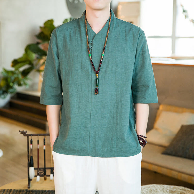Buddha Stones Summer Vintage Solid Color Frog-Button Design Men's Cotton Three Quarter Sleeve Shirt - image 1
