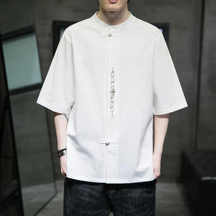Buddha Stones Casual Solid Color Frog-Button Embroidery Men's Cotton Linen Shirt - White - US/UK/AU46，EU56 (5XL) - image 25