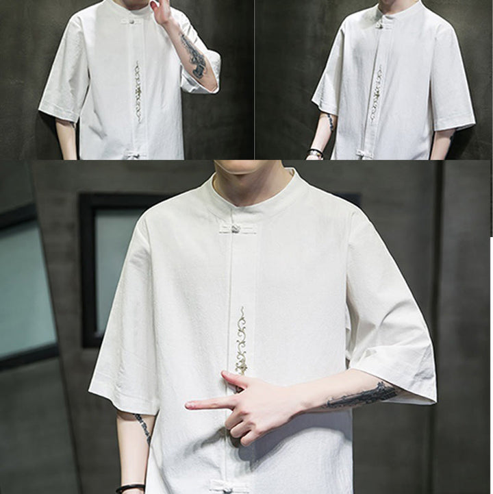 Buddha Stones Casual Solid Color Frog-Button Embroidery Men's Cotton Linen Shirt Cardigan - image 32