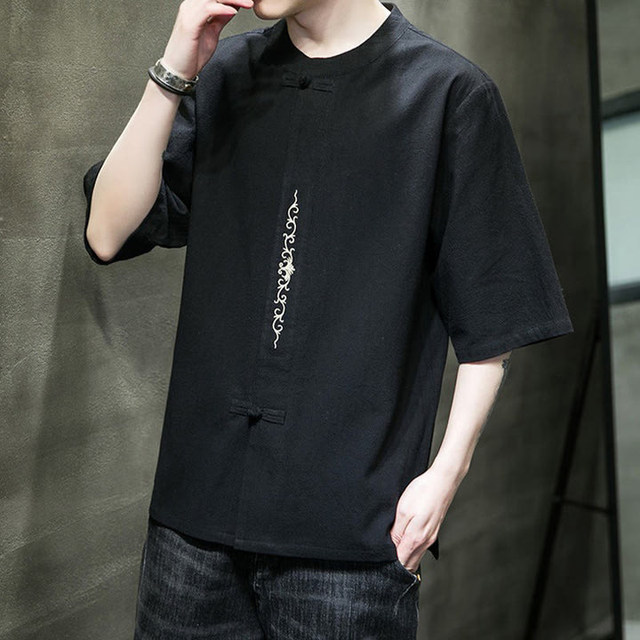 Buddha Stones Casual Solid Color Frog-Button Embroidery Men's Cotton Linen Shirt Cardigan - image 20