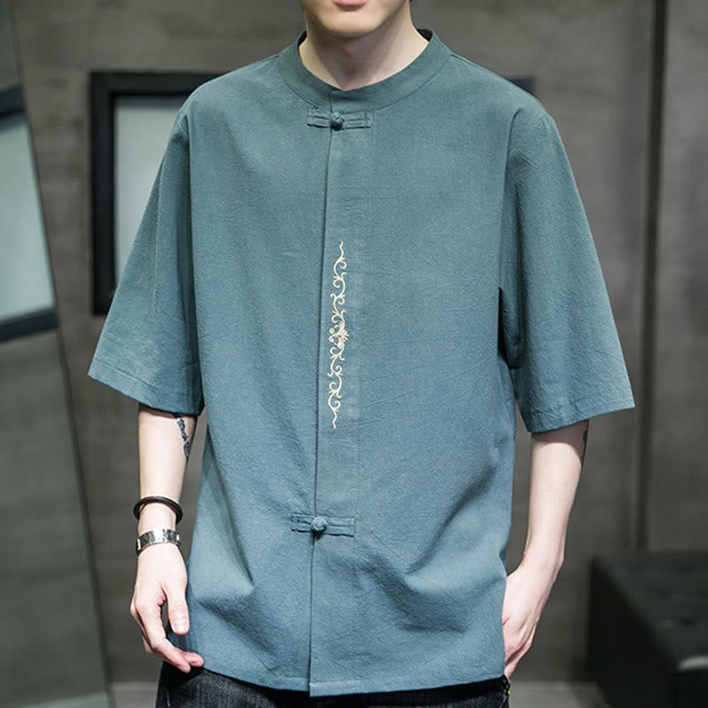 Buddha Stones Casual Solid Color Frog-Button Embroidery Men's Cotton Linen Shirt Cardigan - image 7