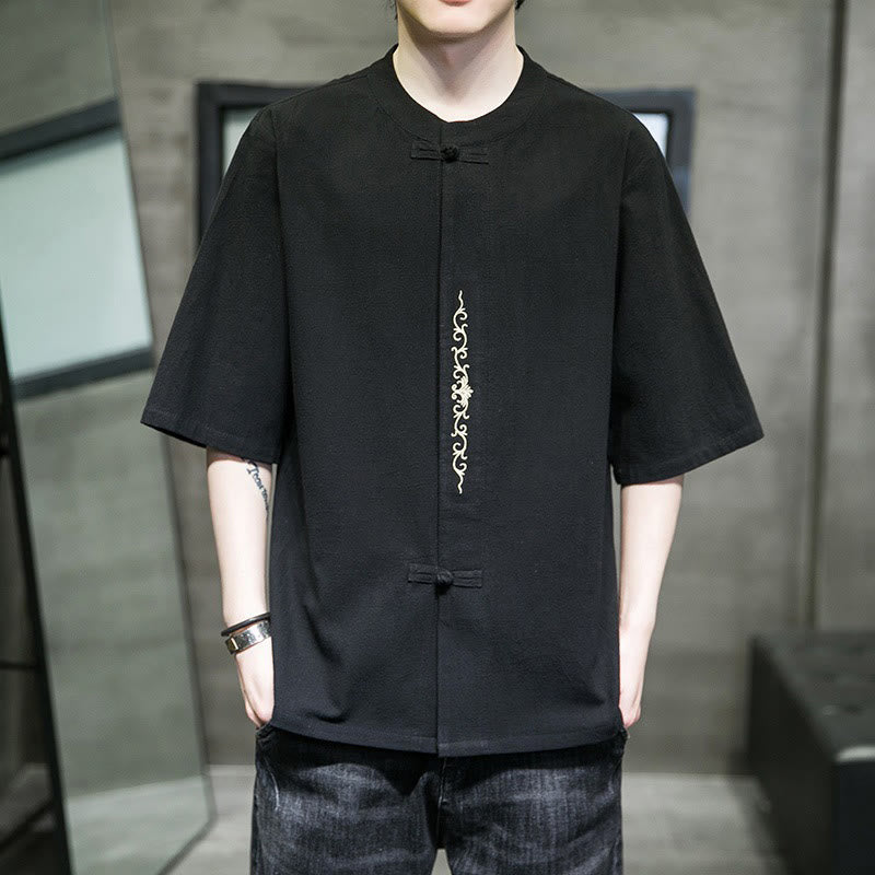 Buddha Stones Casual Solid Color Frog-Button Embroidery Men's Cotton Linen Shirt Cardigan - image 21