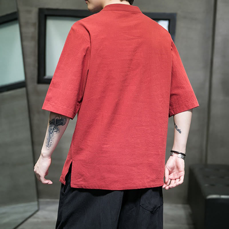 Buddha Stones Casual Solid Color Frog-Button Embroidery Men's Cotton Linen Shirt Cardigan - image 15