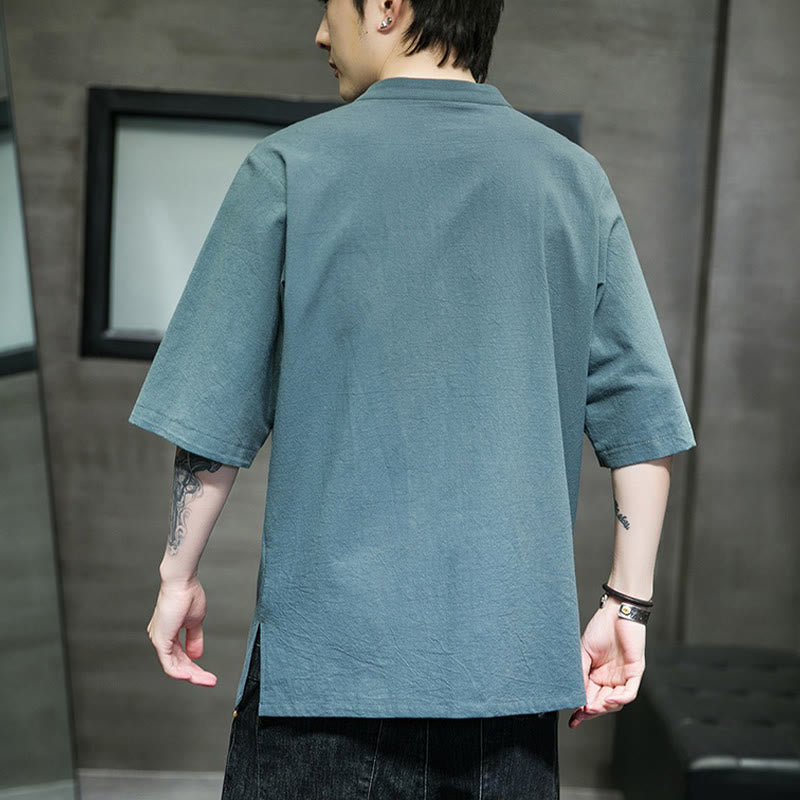 Buddha Stones Casual Solid Color Frog-Button Embroidery Men's Cotton Linen Shirt - image 3