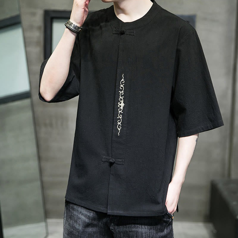 Buddha Stones Casual Solid Color Frog-Button Embroidery Men's Cotton Linen Shirt Cardigan - image 18