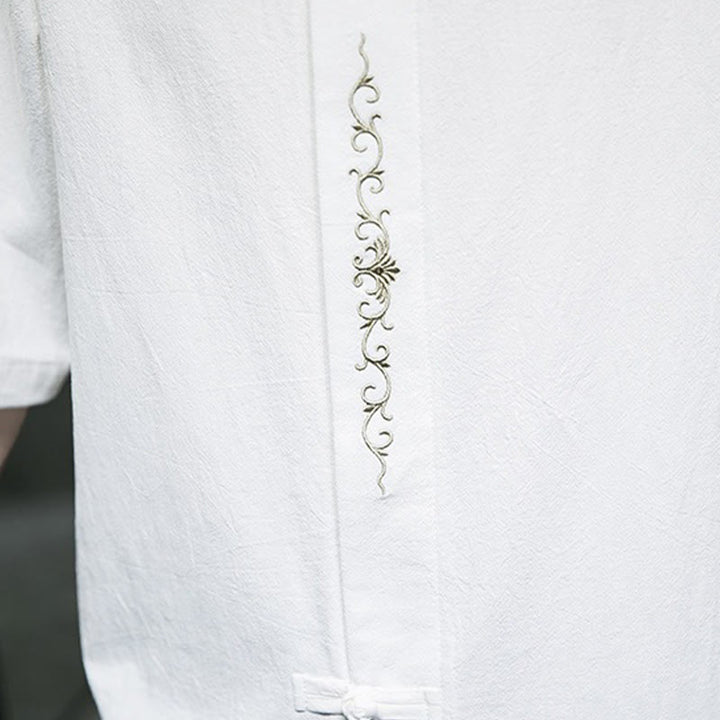 Buddha Stones Casual Solid Color Frog-Button Embroidery Men's Cotton Linen Shirt - image 31