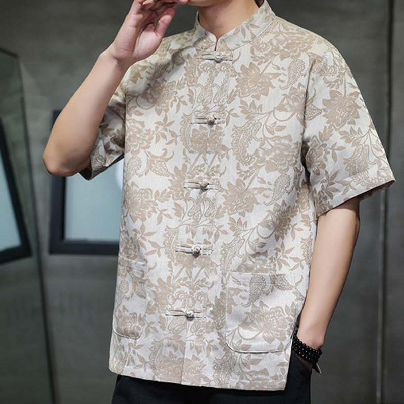 Buddha Stones Casual Jacquard Paisley Flower Plant Pattern Frog-Button Design Men's Cotton Shirt Cardigan With Pockets - image 14