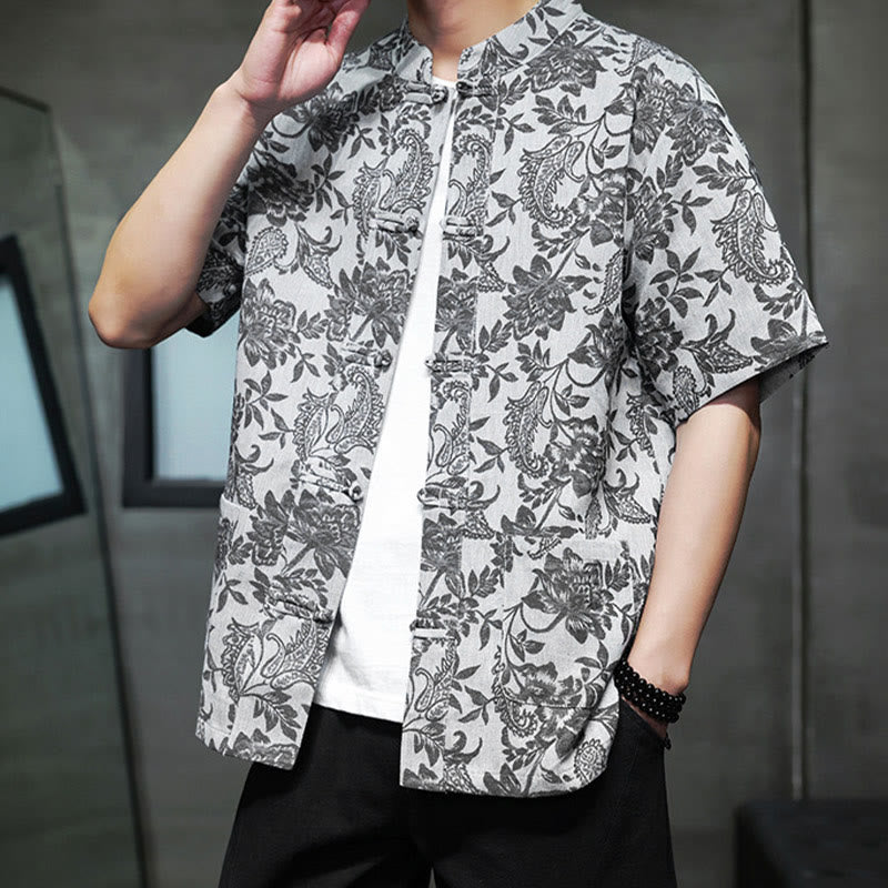 Buddha Stones Casual Jacquard Paisley Flower Plant Pattern Frog-Button Design Men's Cotton Shirt Cardigan With Pockets - image 26