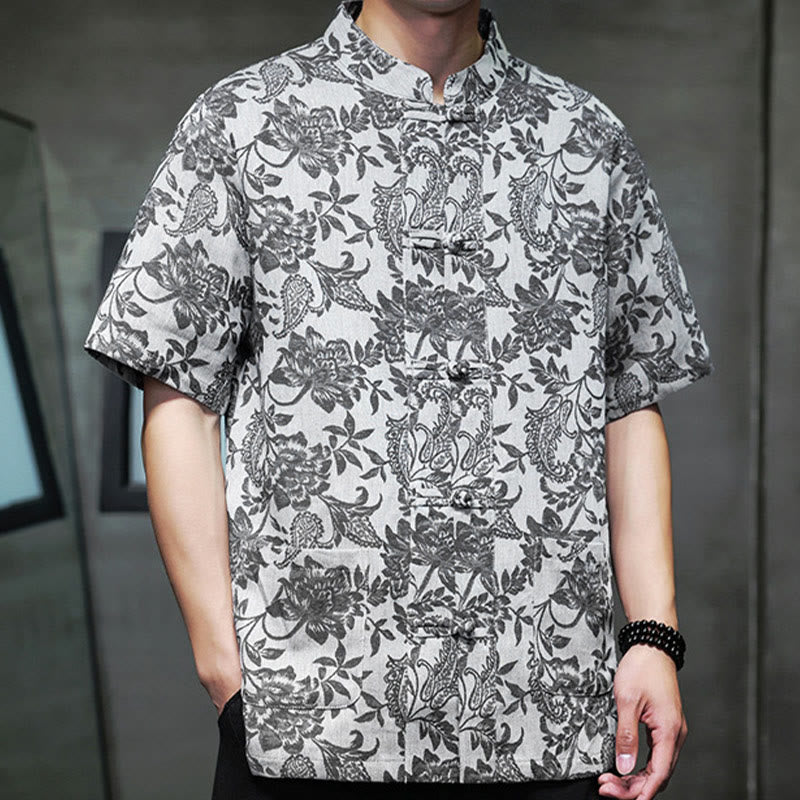 Buddha Stones Casual Jacquard Paisley Flower Plant Pattern Frog-Button Design Men's Cotton Shirt Cardigan With Pockets - image 24