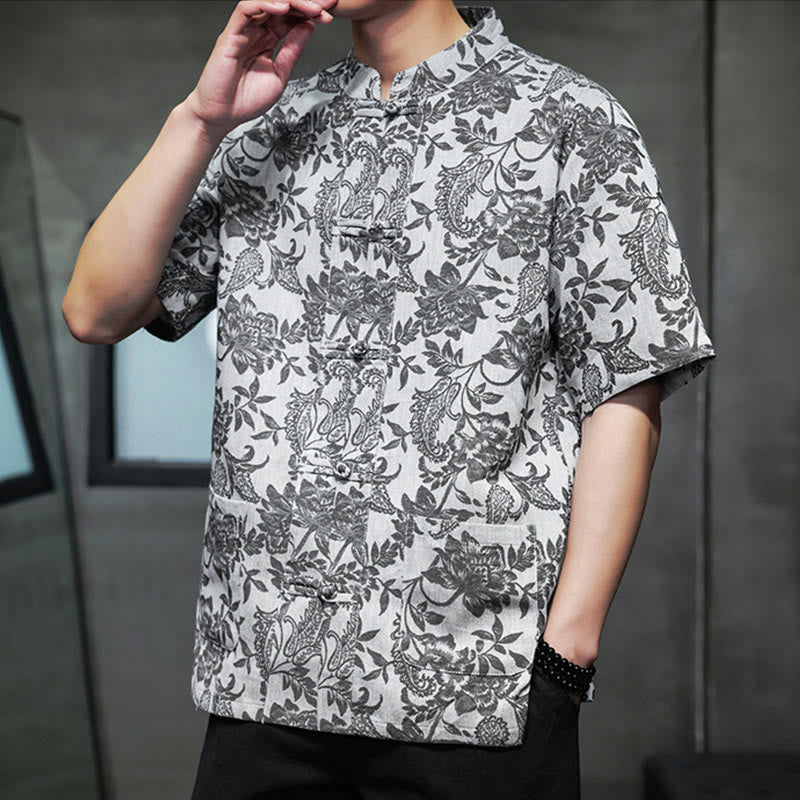Buddha Stones Casual Jacquard Paisley Flower Plant Pattern Frog-Button Design Men's Cotton Shirt Cardigan With Pockets - image 22