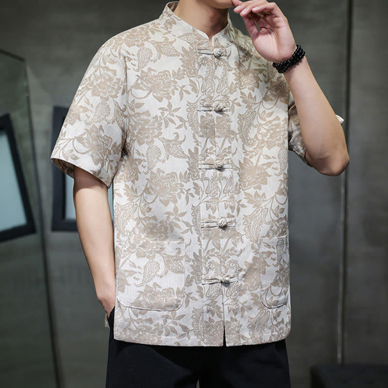 Buddha Stones Casual Jacquard Paisley Flower Plant Pattern Frog-Button Design Men's Cotton Shirt Cardigan With Pockets - image 11
