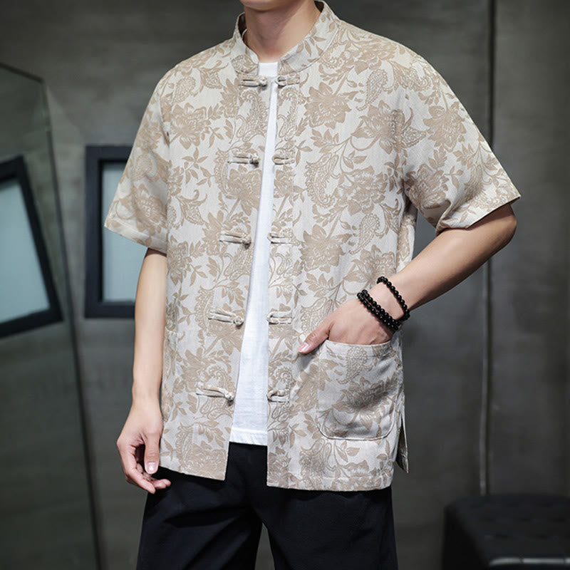 Buddha Stones Casual Jacquard Paisley Flower Plant Pattern Frog-Button Design Men's Cotton Shirt Cardigan With Pockets - image 12