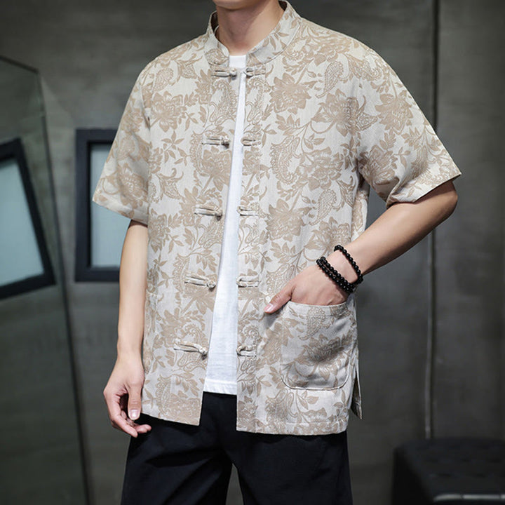 Buddha Stones Casual Jacquard Paisley Flower Plant Pattern Frog-Button Design Men's Cotton Shirt Cardigan With Pockets - image 12