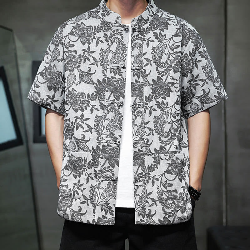 Buddha Stones Casual Jacquard Paisley Flower Plant Pattern Frog-Button Design Men's Cotton Shirt Cardigan With Pockets - image 27